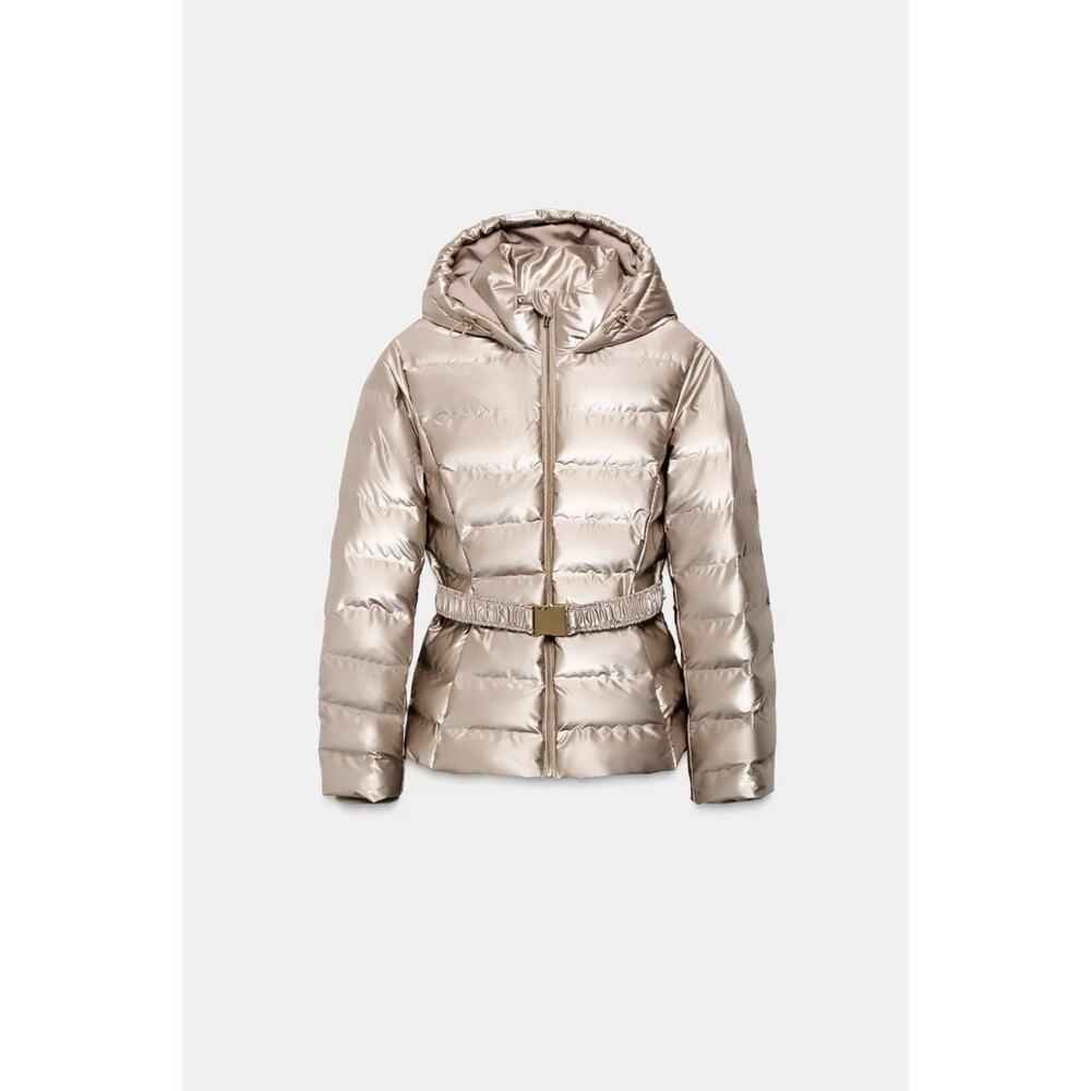 Zara Shiny Champagne Puffer Ski Jacket with Hood and Belt